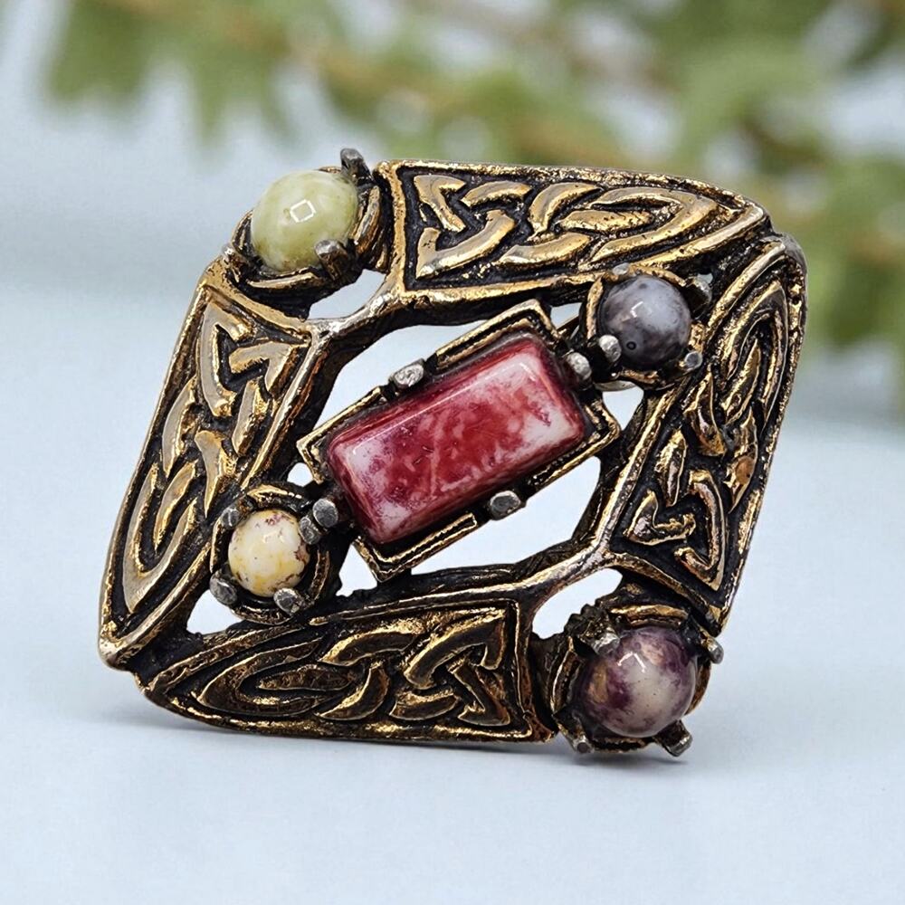 Vintage Celtic Revival Brooch Antiqued Gold Tone Knotwork Multicolor Cabochons